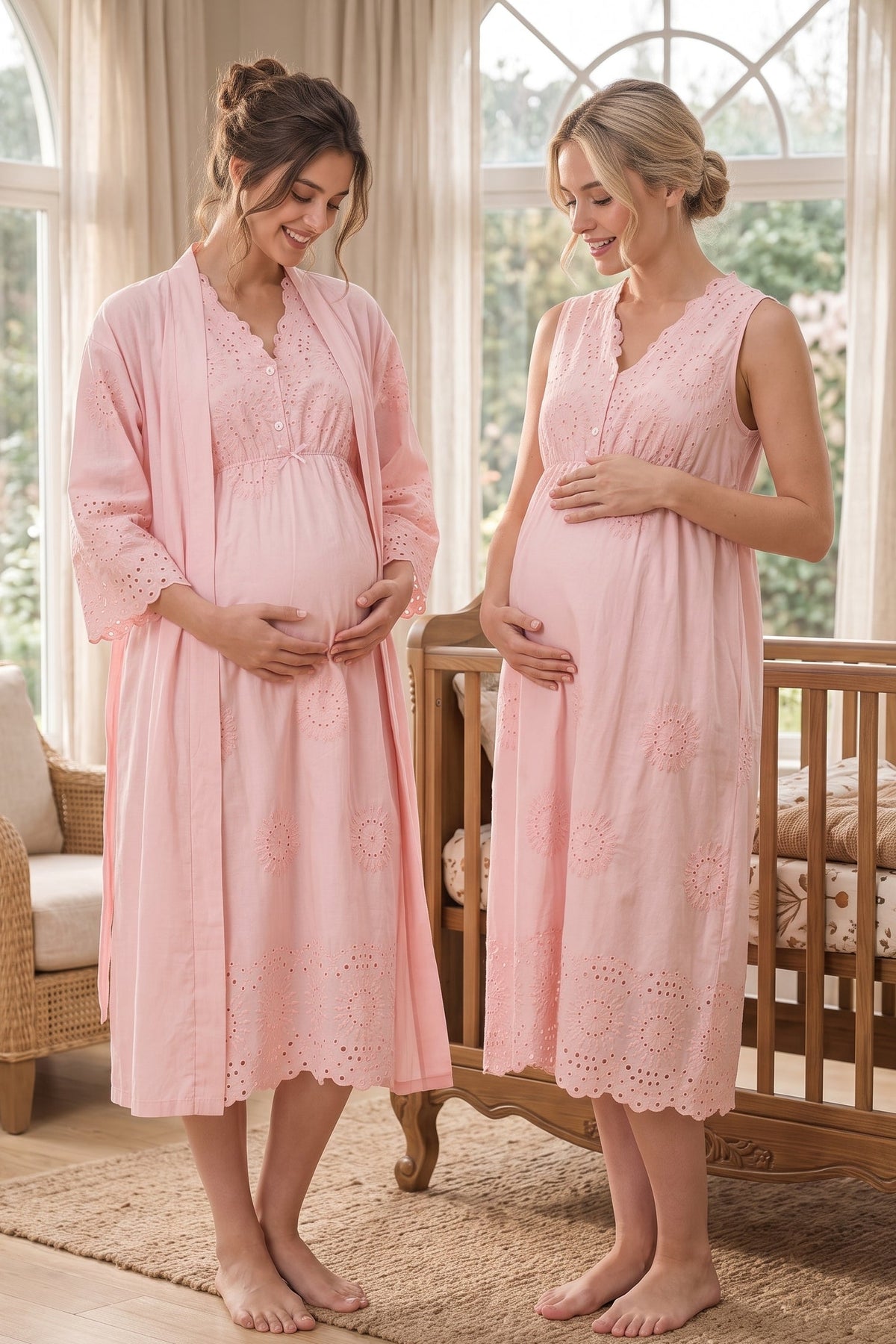 Broderie Anglaise Embroidery Maternity Feeding-Friendly Nightgown & Robe Set Powder - T3050
