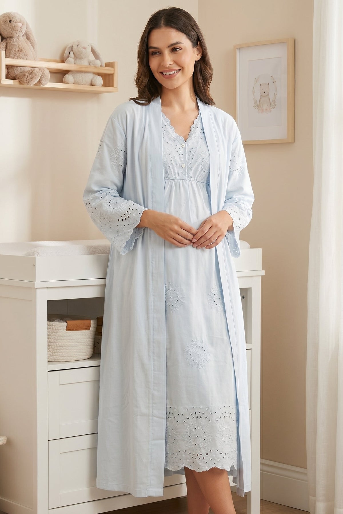 Broderie Anglaise Embroidery Maternity-Nursing Nightgown & Robe Set Blue - 3050