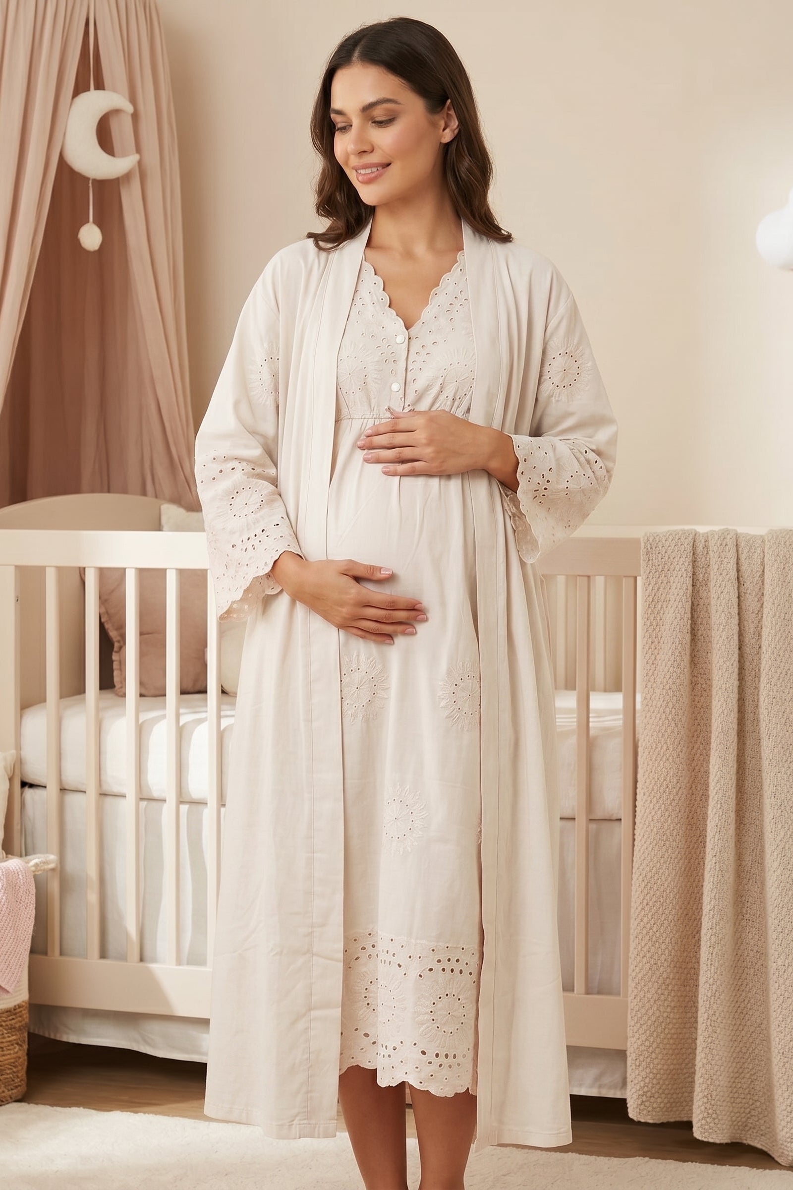 Broderie Anglaise Embroidery Maternity-Nursing Nightgown & Robe Set Ecru - 3050
