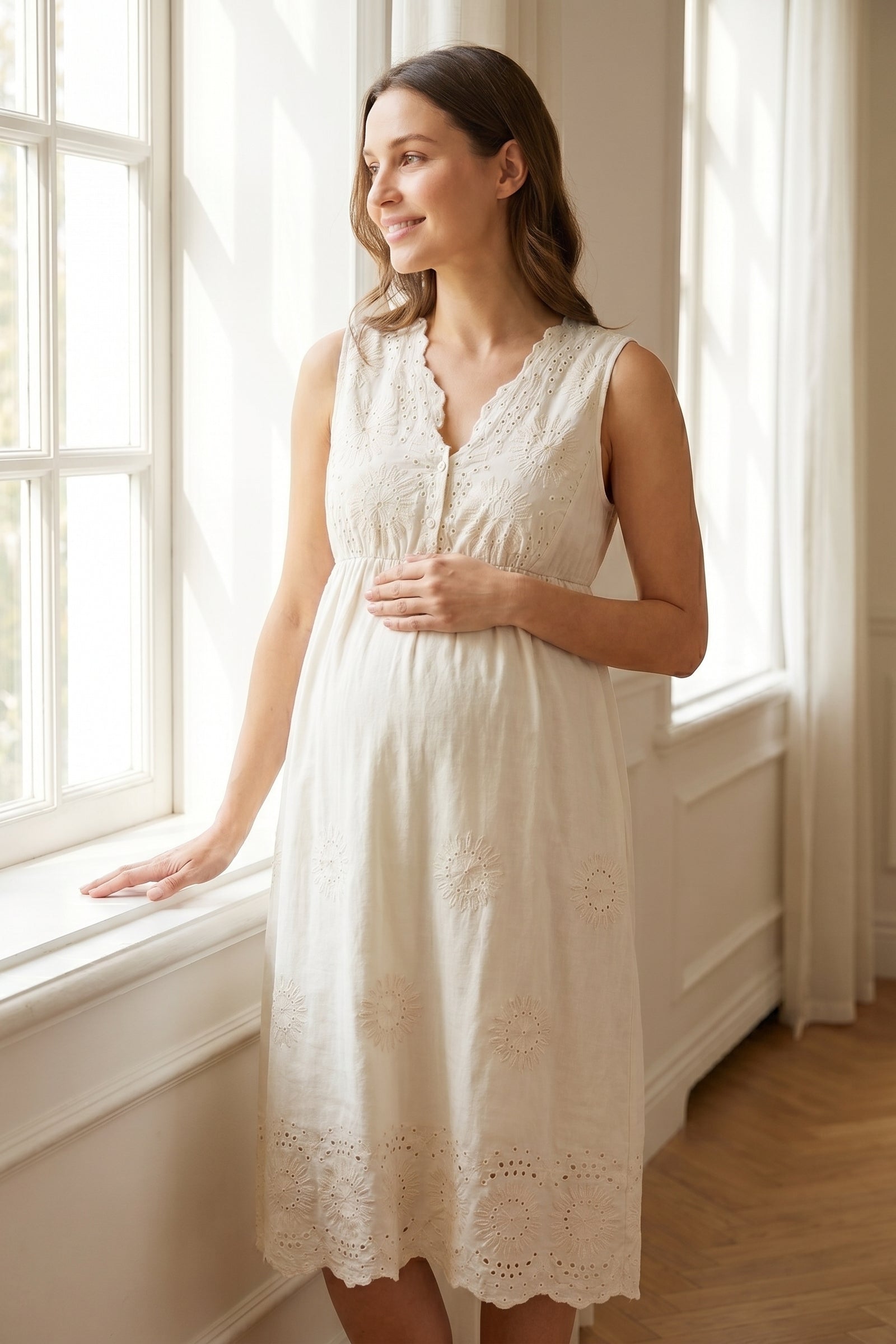Broderie Anglaise Embroidery Maternity-Nursing Nightgown & Robe Set Ecru - 3050