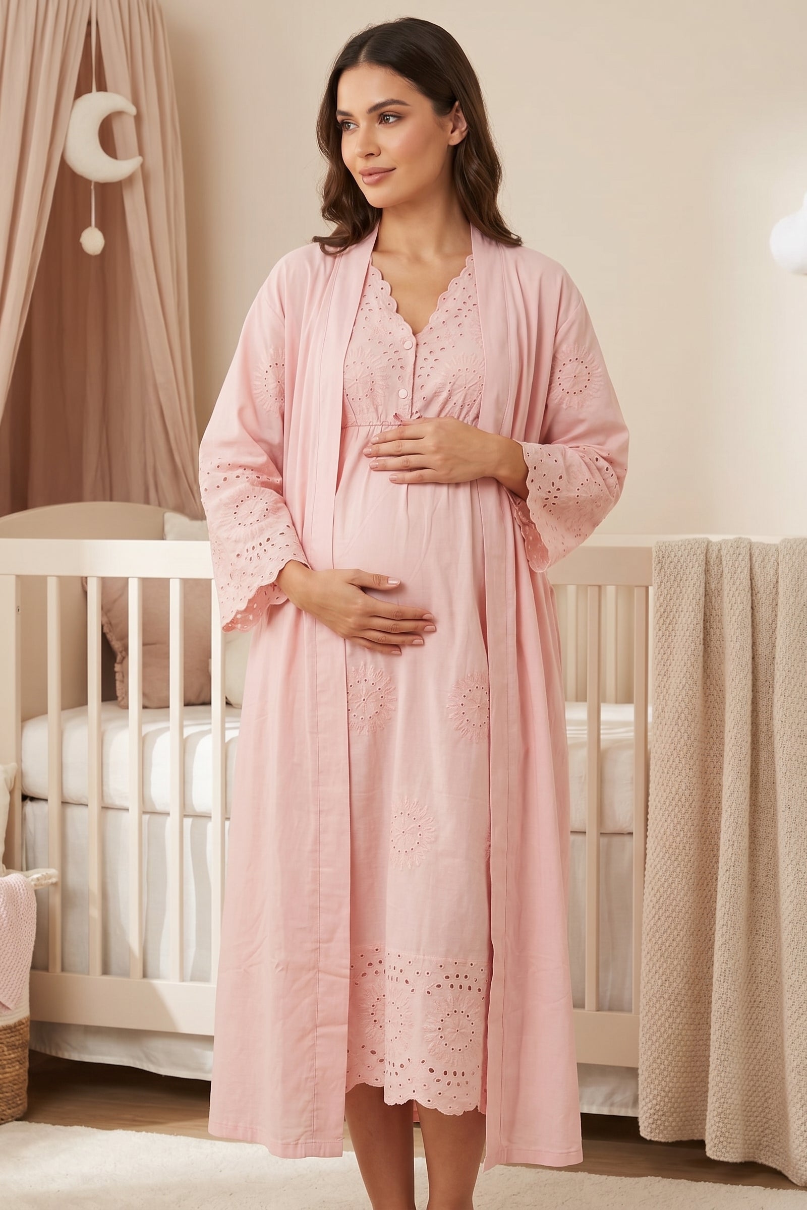 Broderie Anglaise Embroidery Maternity-Nursing Nightgown & Robe Set Powder - 3050