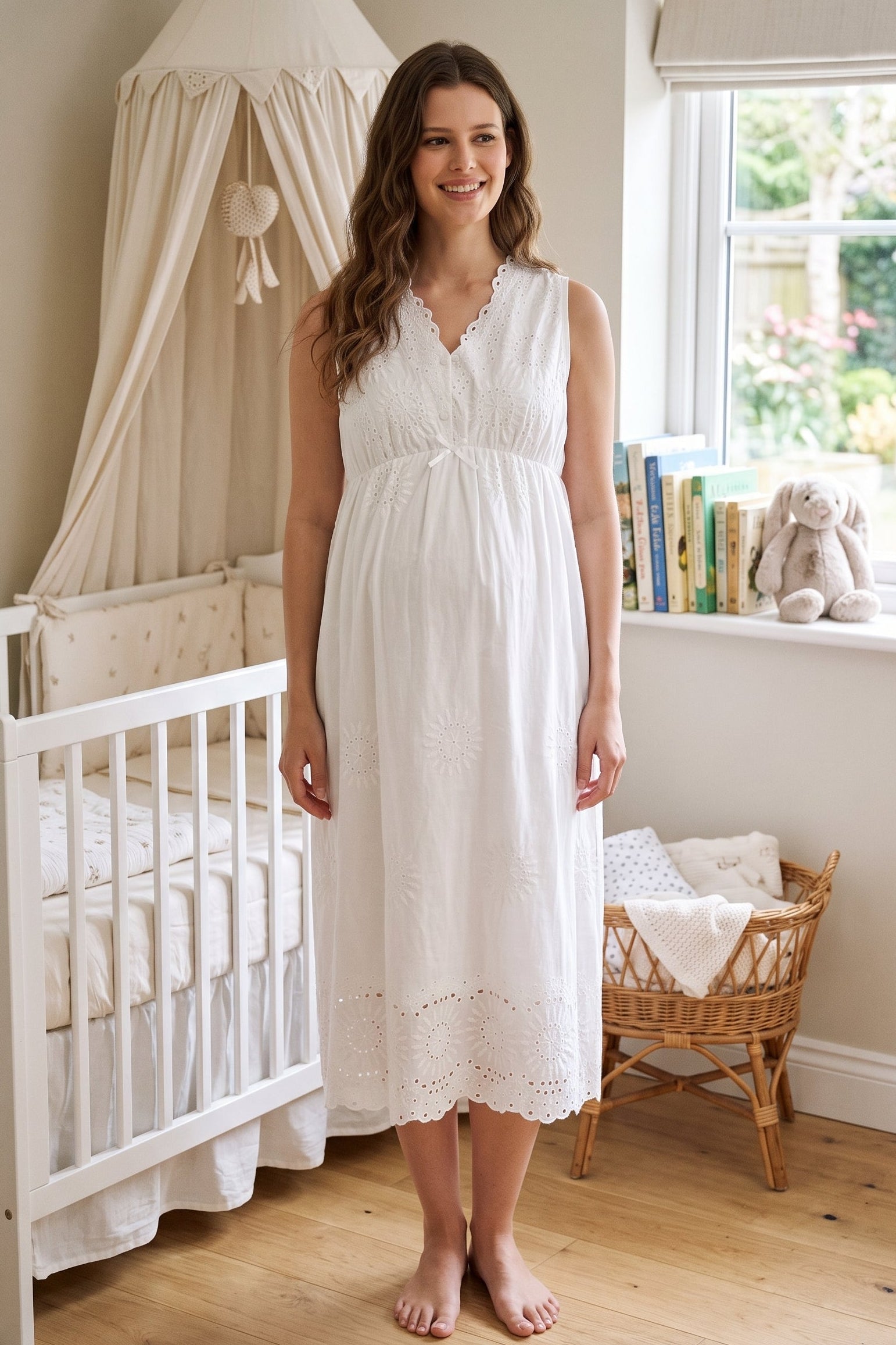 Broderie Anglaise Embroidery Maternity & Nursing Nightgown Ecru - 3053