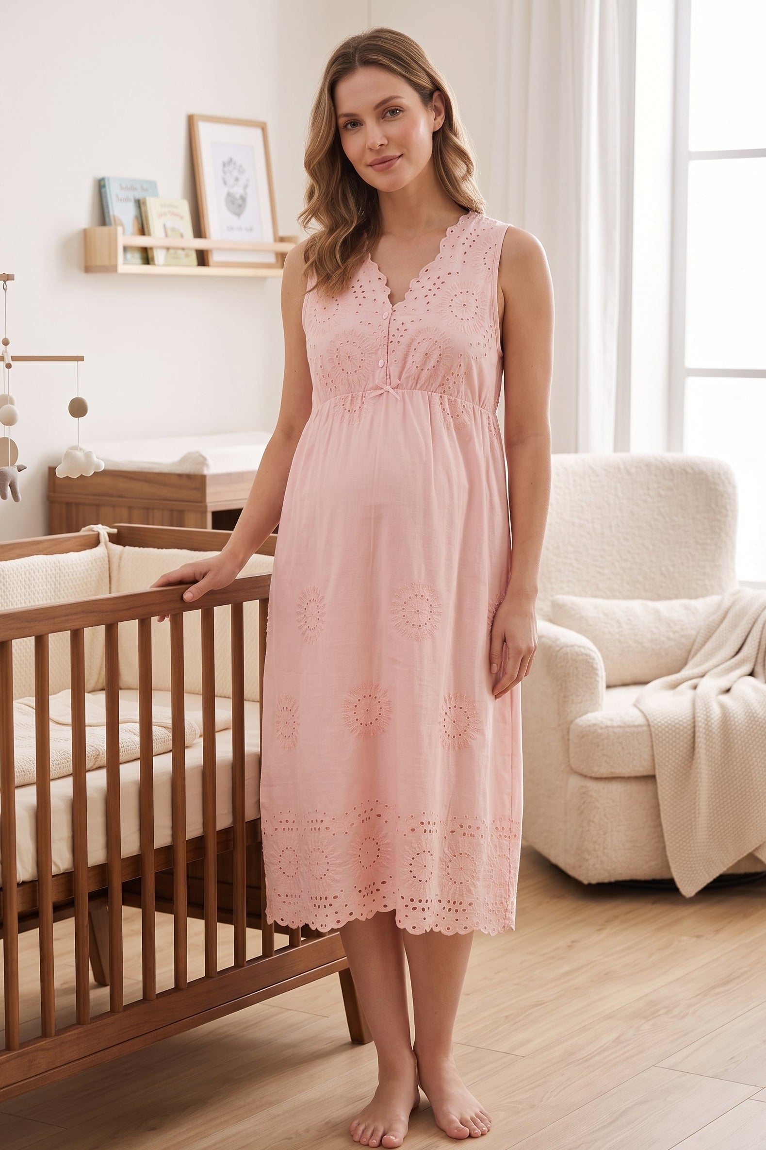 Broderie Anglaise Embroidery Maternity & Nursing Nightgown Powder - 3053