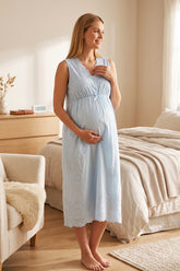 Broderie Anglaise Embroidery Maternity & Nursing Nightgown Blue - 3053