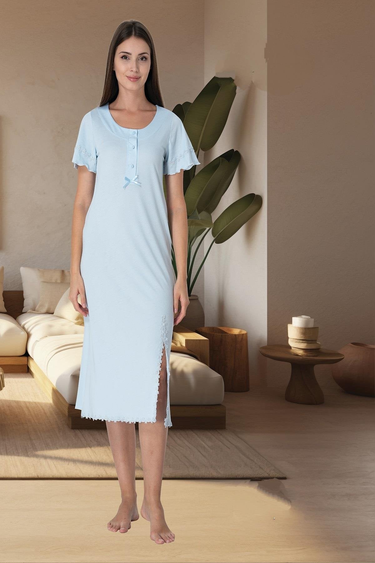 Lacy Edge Maternity-Nursing Nightgown & Robe Set Blue - 3075