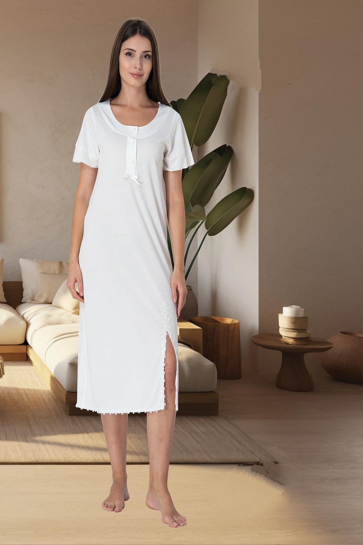Lacy Edge Maternity-Nursing Nightgown & Robe Set Ecru - 3075