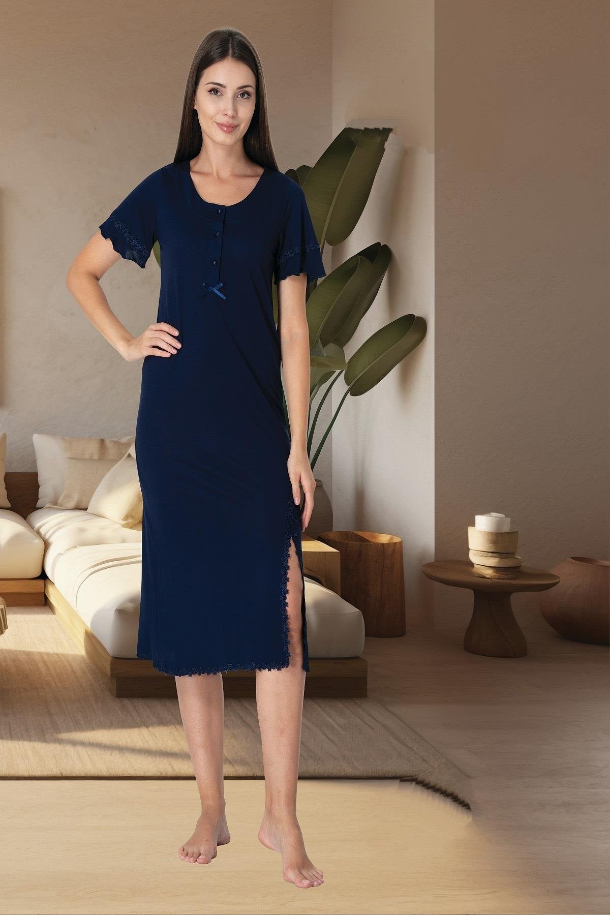Lacy Edge Maternity-Nursing Nightgown & Robe Set Navy Blue - 3075