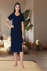 Lacy Edge Maternity & Nursing Nightgown Navy Blue - 3073