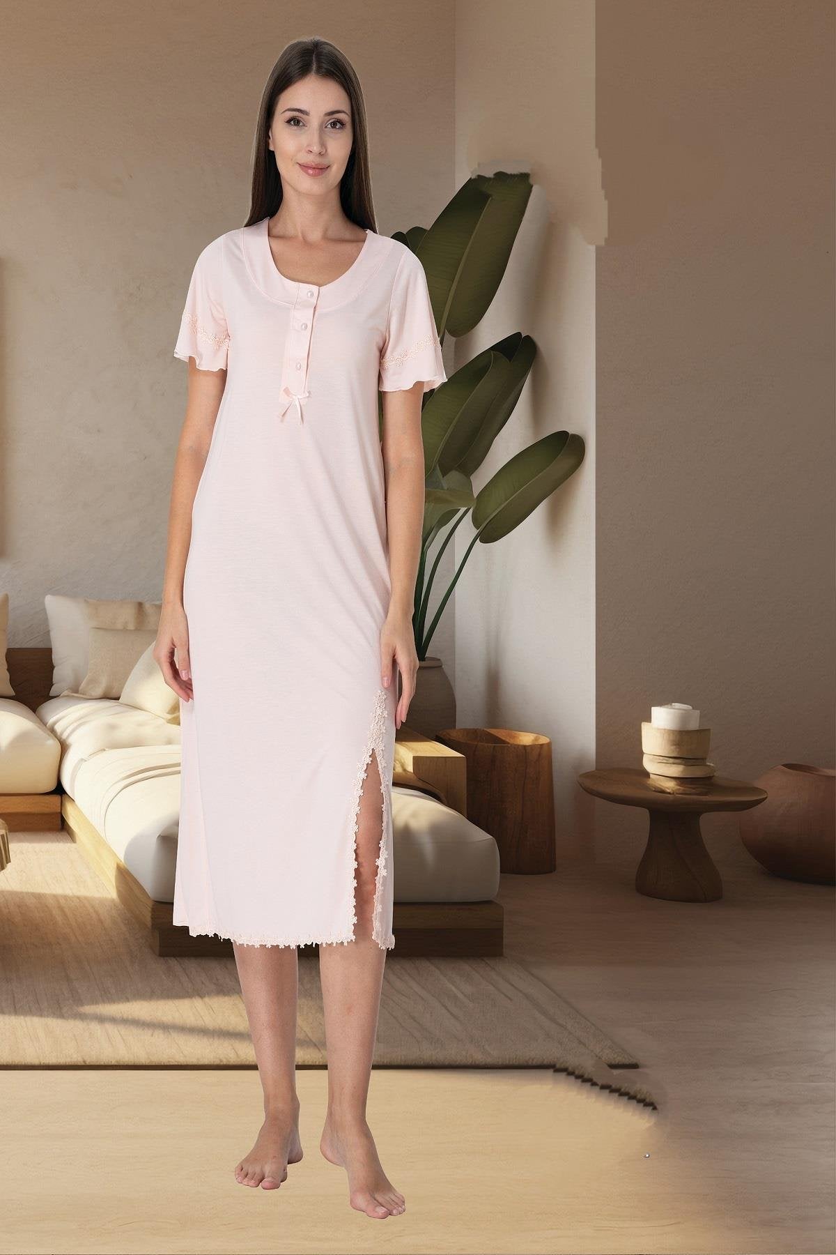 Lacy Edge Maternity-Nursing Nightgown & Robe Set Salmon - 3075