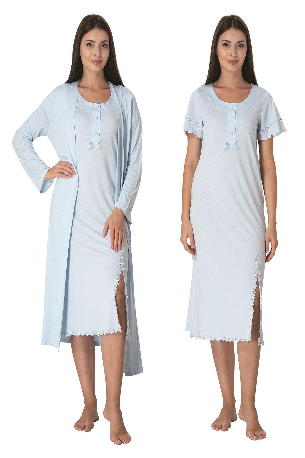 Lacy Edge Maternity-Nursing Nightgown & Robe Set Blue - 3075