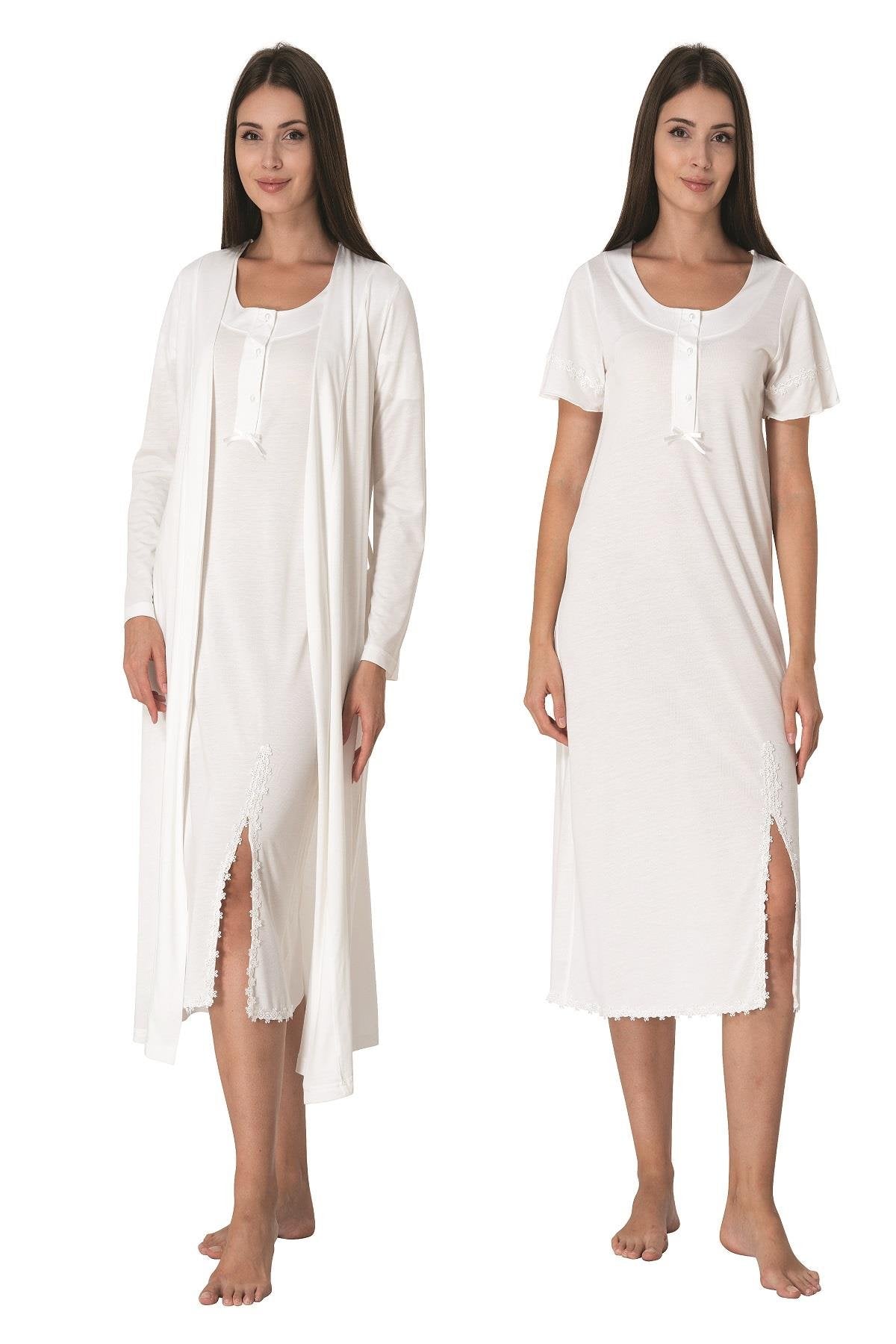 Lacy Edge Maternity-Nursing Nightgown & Robe Set Ecru - 3075