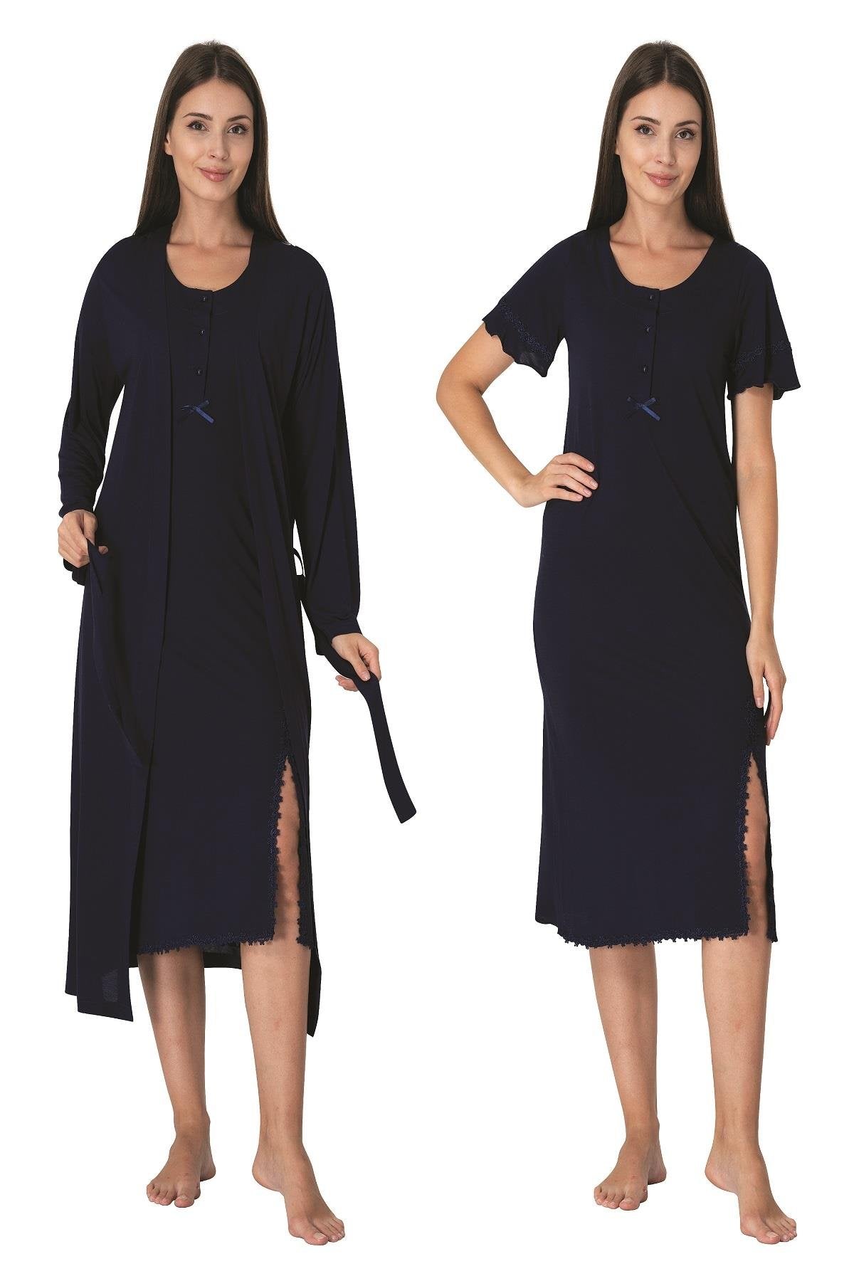 Lacy Edge Maternity-Nursing Nightgown & Robe Set Navy Blue - 3075