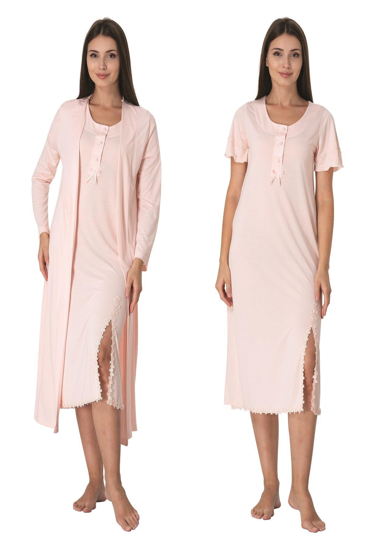 Lacy Edge Maternity-Nursing Nightgown & Robe Set Salmon - 3075