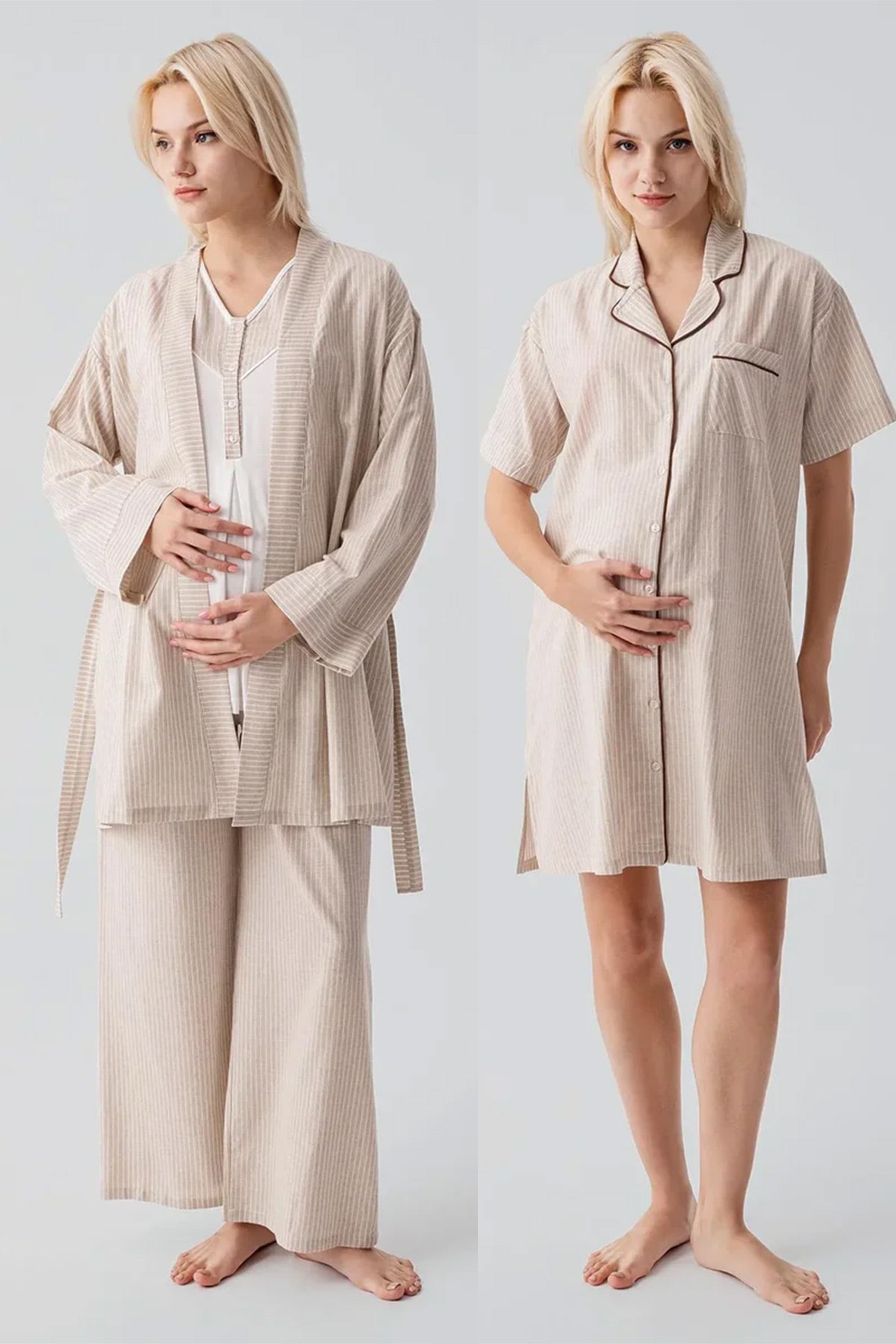 Striped Woven Cotton 4-Piece Maternity-Nursing Set Beige - 308108