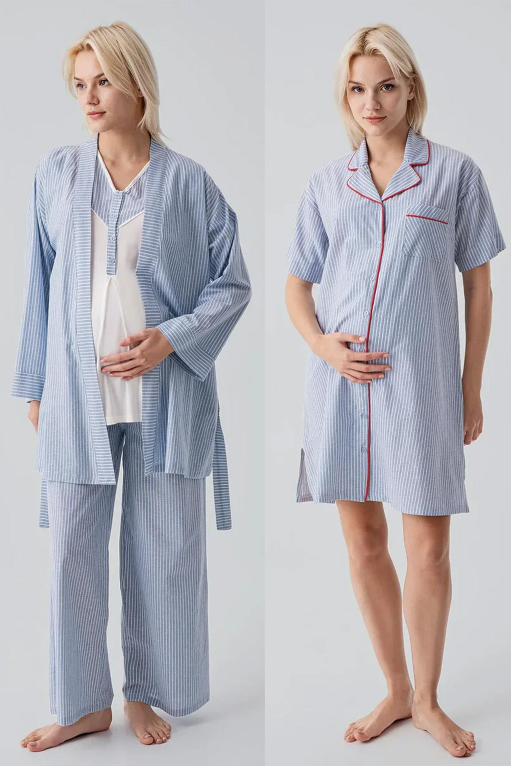 Striped Woven Cotton 4-Piece Maternity-Nursing Set Blue - 308108