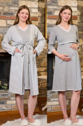 Lacy Edges Maternity-Nursing Nightgown & Striped Robe Set Grey - 311310