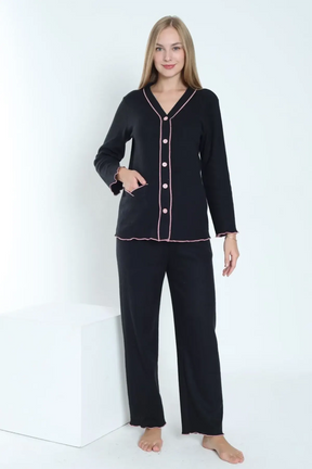 Ribbed Stripe Maternity & Nursing Pajamas Black - 3250
