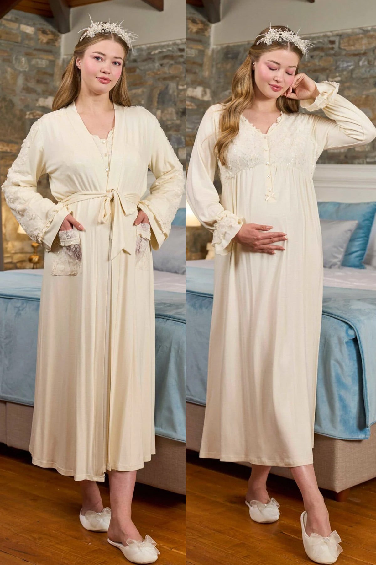 Applique Detailed Maternity-Nursing Nightgown & Robe Set Ecru - 329326