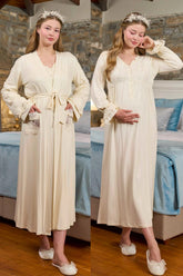 Applique Detailed Maternity-Nursing Nightgown & Robe Set Ecru - 329326