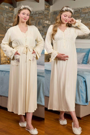Applique Detailed Maternity-Nursing Nightgown & Robe Set Ecru - 329326