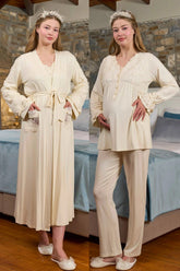 Applique Detailed 3-Piece Maternity-Nursing Pajama & Robe Set Ecru - 329328