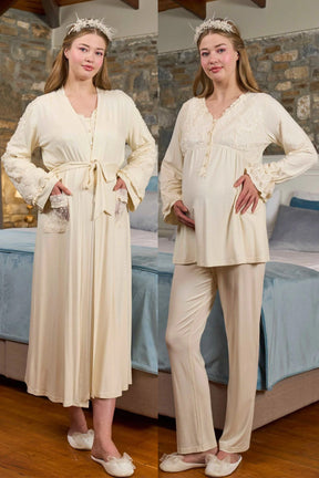 Applique Detailed 3-Piece Maternity-Nursing Pajama & Robe Set Ecru - 329328