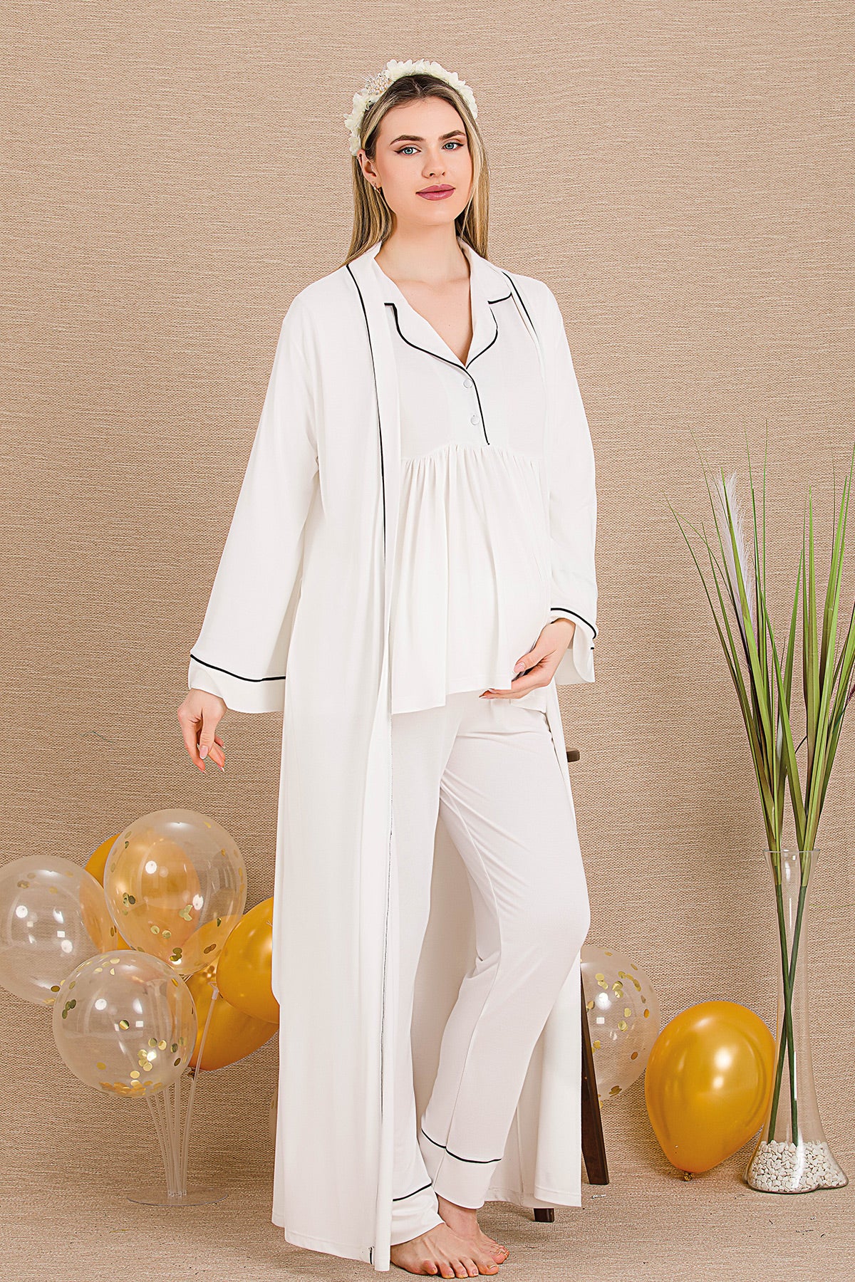 Bias 3-Piece Maternity-Nursing Pajama & Robe Set Ecru - 33001