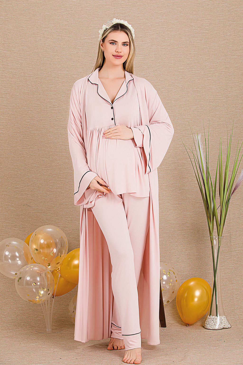 Bias 3-Piece Maternity-Nursing Pajama & Robe Set Pink - 33001