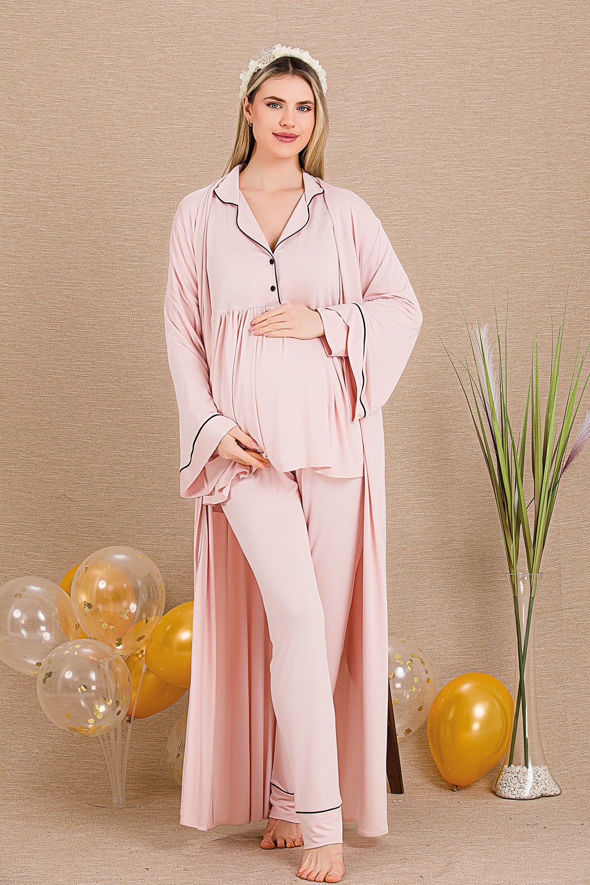 Bias 3-Piece Maternity-Nursing Pajama & Robe Set Pink - 33001