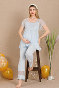 Special Lace Embroidery Maternity & Nursing Pajama Set Blue - 33200