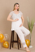 Special Lace Embroidery Maternity & Nursing Pajama Set Ecru - 33200