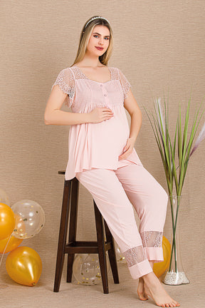 Special Lace Embroidery 3-Piece Maternity-Nursing Pajama & Robe Set Pink - 33002
