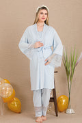 Special Lace Embroidery 3-Piece Maternity-Nursing Pajama & Robe Set Blue - 33002
