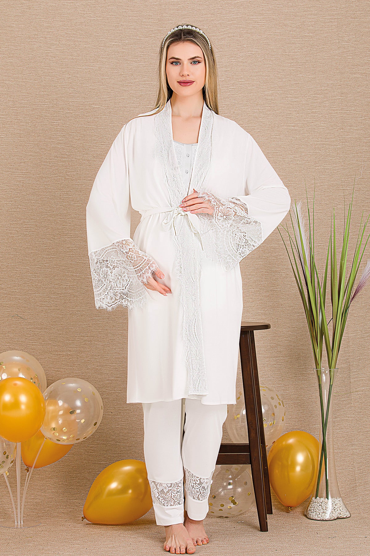Special Lace Embroidery 3-Piece Maternity-Nursing Pajama & Robe Set Ecru - 33002
