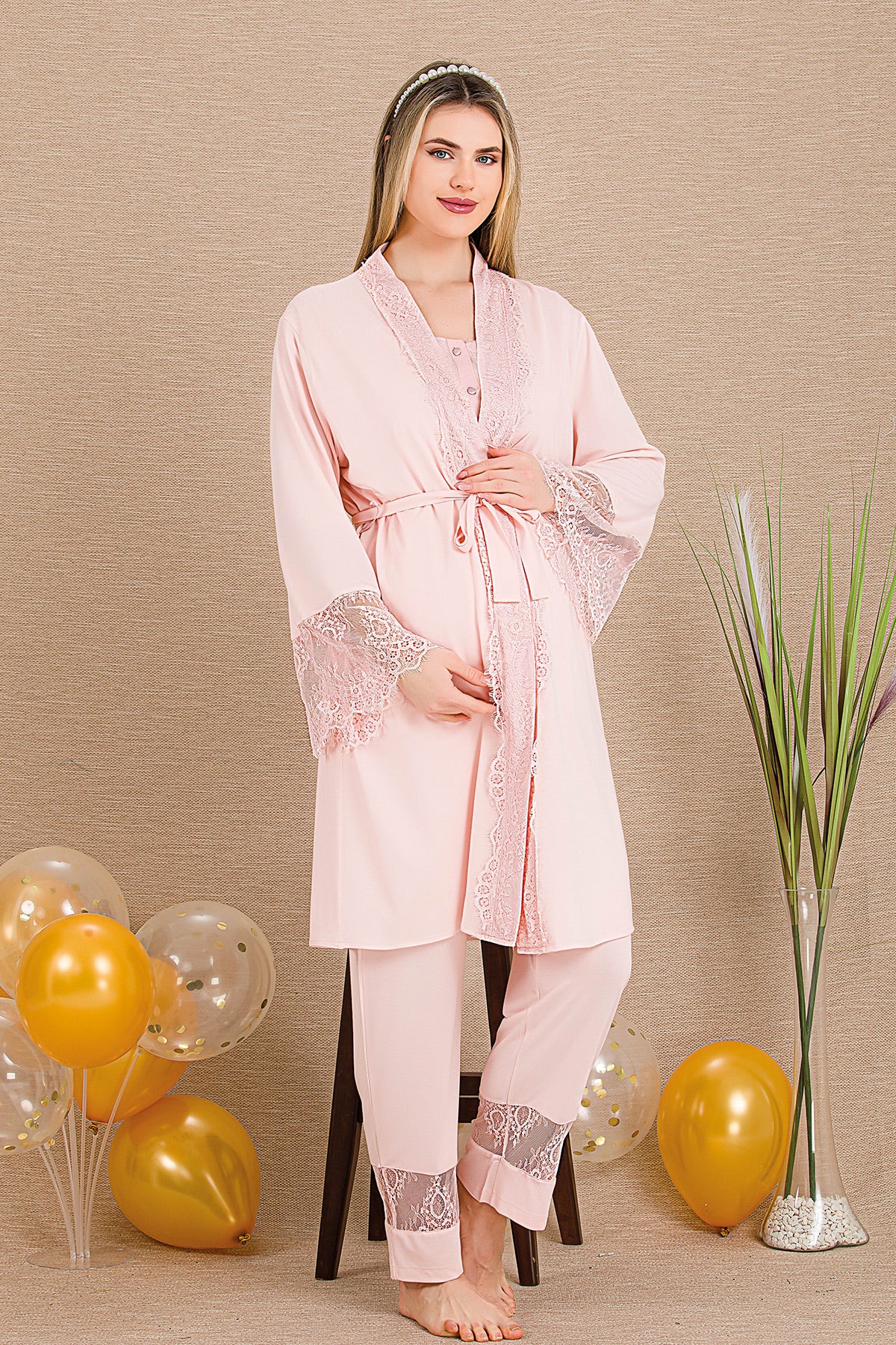 Special Lace Embroidery 3-Piece Maternity-Nursing Pajama & Robe Set Pink - 33002