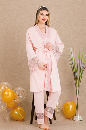 Special Lace Embroidery 3-Piece Maternity-Nursing Pajama & Robe Set Pink - 33002