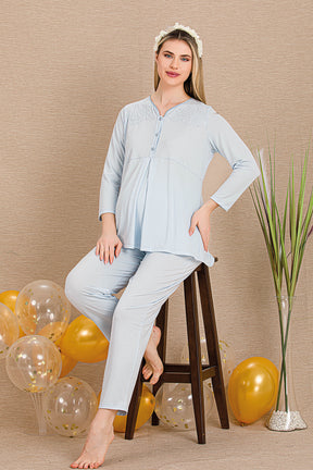 Lace Collar 3-Piece Maternity-Nursing Pajama & Lace Sleeve Robe Set Blue - 33003