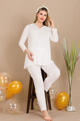 Lace Collar Maternity & Nursing Pajama Set Ecru - 33201