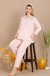Lace Collar Maternity & Nursing Pajama Set Pink - 33201