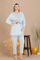Lace Collar 3-Piece Maternity-Nursing Pajama & Lace Sleeve Robe Set Blue - 33003
