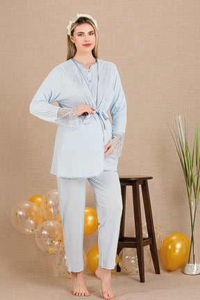 Lace Collar 3-Piece Maternity-Nursing Pajama & Lace Sleeve Robe Set Blue - 33003