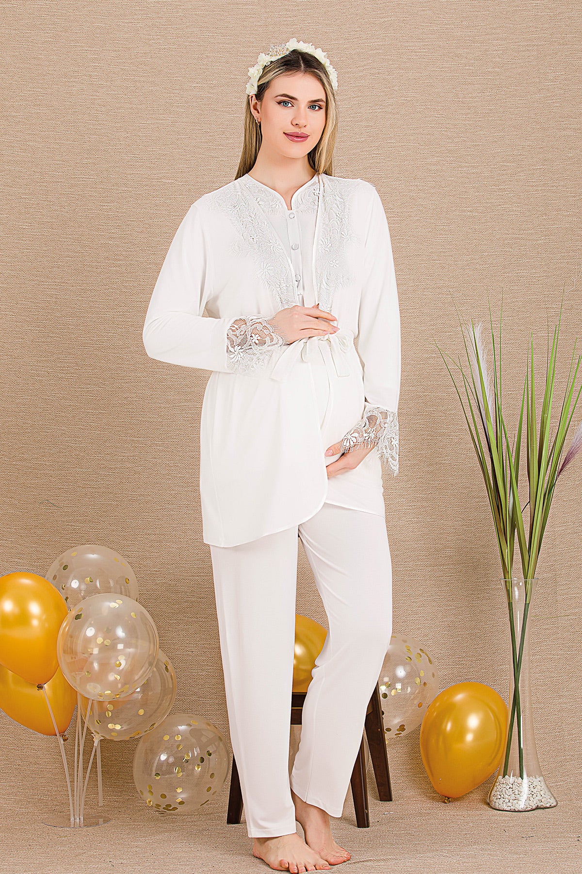 Lace Collar 3-Piece Maternity-Nursing Pajama & Lace Sleeve Robe Set Ecru - 33003