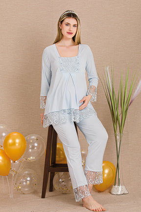 Elegant Lace Embroidered 3-Piece Maternity-Nursing Pajama & Robe Set Blue - 33004