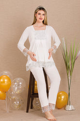 Elegant Lace Embroidered Maternity & Nursing Pajama Set Ecru - 33203
