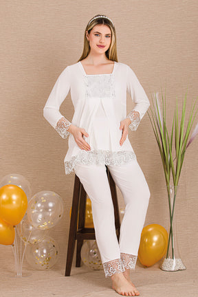 Elegant Lace Embroidered 4-Piece Maternity-Nursing Set Ecru - 501203