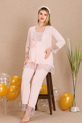 Elegant Lace Embroidered Maternity & Nursing Pajama Set Pink - 33203