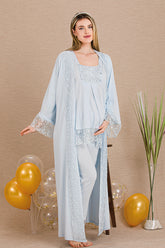 Elegant Lace Embroidered 3-Piece Maternity-Nursing Pajama & Robe Set Blue - 33004