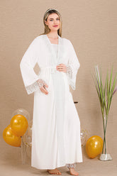 Elegant Lace Embroidered 3-Piece Maternity-Nursing Pajama & Robe Set Ecru - 33004