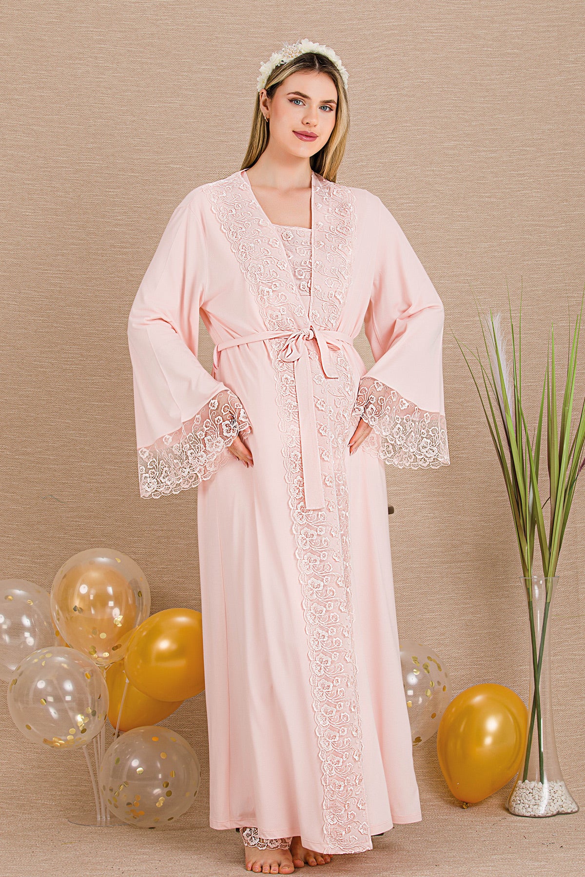 Elegant Lace Embroidered 3-Piece Maternity-Nursing Pajama & Robe Set Pink - 33004