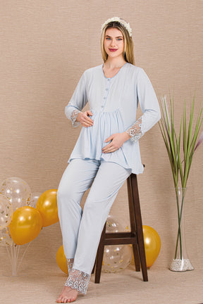 Lace Sleeve 3-Piece Maternity-Nursing Pajama & Robe Set Blue - 33005